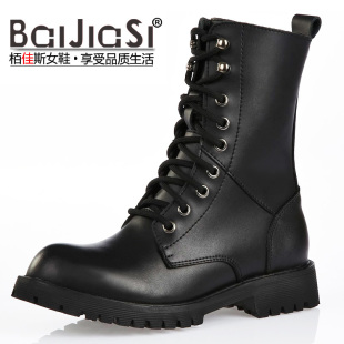  栢佳斯新款秒杀 真皮英伦短靴中跟女士军靴 马丁靴加绒保暖机车靴