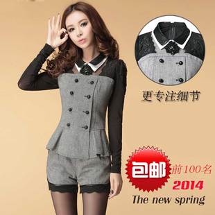 <em>2014</em>春装新款千鸟格蕾丝<em>上衣短裤</em>两件<em>套装</em>秋