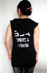 新款!韩版长款套头无袖连帽卫衣背心马夹 女春