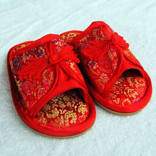  唐人堂儿童唐装 男女童扣子拖鞋 宝宝夏季平跟绣花绸缎面凉鞋红色