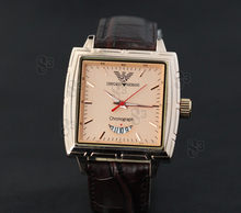 ARMANI (Armani).  un cuadrado con un calendario de reloj pulsera de piel de ternera.  de oro de oro cáscara.  Café