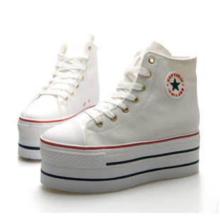  休闲高跟34码 新款厚底高帮松糕女鞋子 潮 板鞋 英伦白色帆布鞋