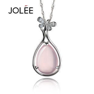  JOLEE 纯天然粉晶吊坠项链 女 925纯银 芙蓉石 饰品 情人节礼物