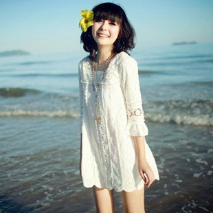 周末疯狂购 夏韩版镂空白色蕾丝中袖雪纺公主连衣裙加大码沙滩裙