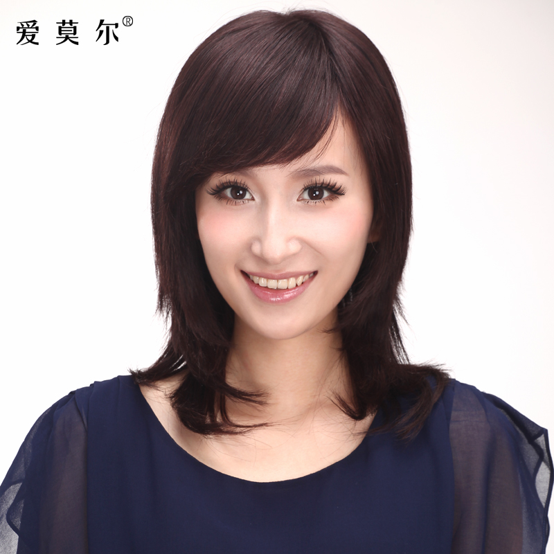 高端全手织真发假发套 长直发 梨花卷 斜刘海 中