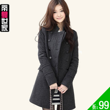DMSJ正品 韩版双排扣修身长款 毛呢子 大衣 女 风衣 春 C9833F8