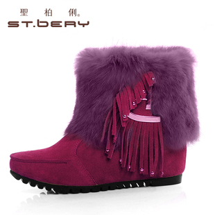  品牌特卖圣柏俐 冬真皮女兔毛短靴 铆钉流苏靴 平底内增高保暖棉