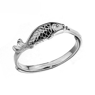  炙真银楼正品【游鱼】99纯银戒指 女士韩版尾戒 原创手工可调节