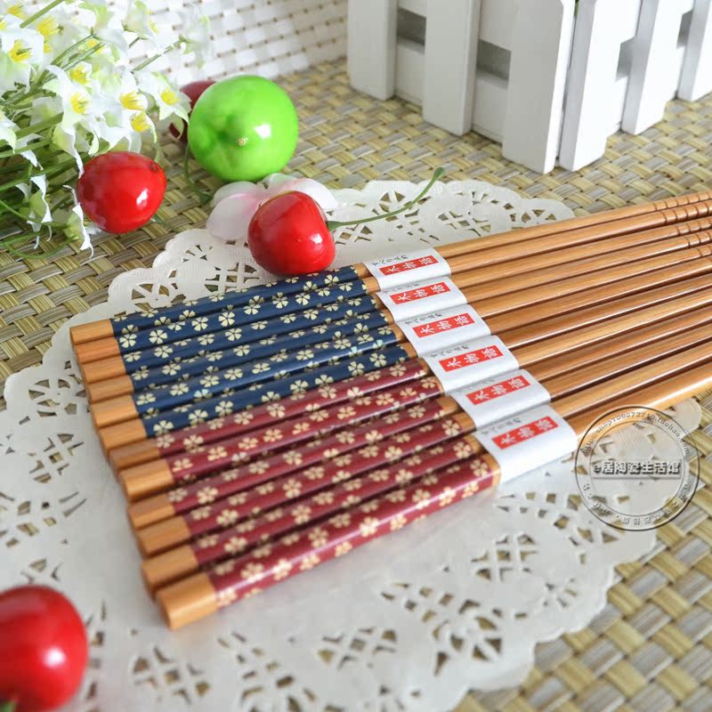 天然楠竹筷 和风系列 天然生漆 红蓝小樱花 十双包邮
