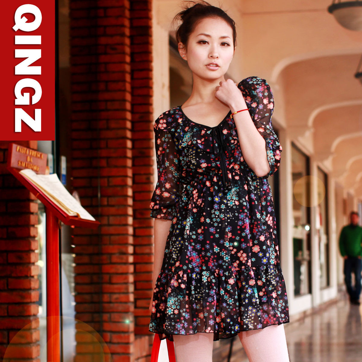 2011新款春装 QINGZ倾姿正品复古碎花中袖雪纺连衣裙