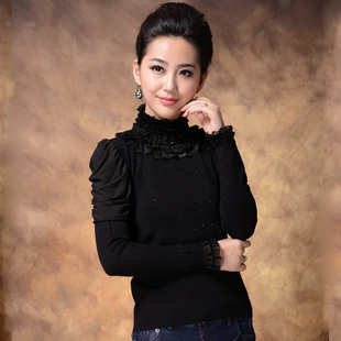  冬季新款韩版女装 套头打底针织衫 长袖 蕾丝 高领女打底衫