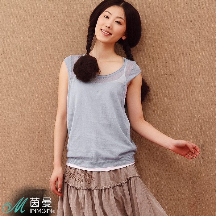 迎51三重礼 茵曼2012夏装新款圆领沙线相接棉麻女背心821132244