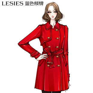  蓝色倾情冬季新品欧美风简约双排扣收腰毛呢大衣 三色