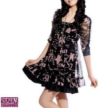 少女蝶[.]五皇冠. 2010春装 韩版黑色蕾丝边印花雪纺连衣裙C1041