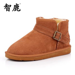  冬靴搭扣牛皮牛筋底短靴雪地靴男女靴子女鞋子情侣低筒靴特价