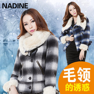  Nadine 秋冬新款 大码翻毛领英伦格子修身保暖毛呢短大衣外套