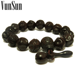  VunSun 饰品 手工精雕雷击桃木 辟邪转运莲花叶带木鱼男女手链