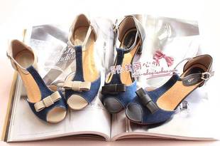  满减 清仓特价 蝴蝶结丁字插带牛仔拼接面鱼嘴中跟鞋 凉鞋 6017