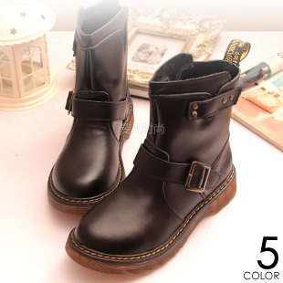  机车短靴真皮马丁靴子平底中跟欧美女鞋英伦复古潮冬季女靴加绒棉
