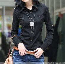 Корейская версия Hitz Черный тонкий рубашка - с длинным рукавом блузка