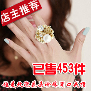 3099 韩版大牌明星同款 超美玫瑰花朵珍珠开口指环戒指满就包邮
