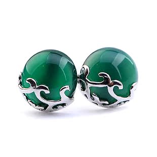  925纯银纯天然宝石绿玛瑙猫眼石石榴石耳钉耳饰女韩版时尚特价