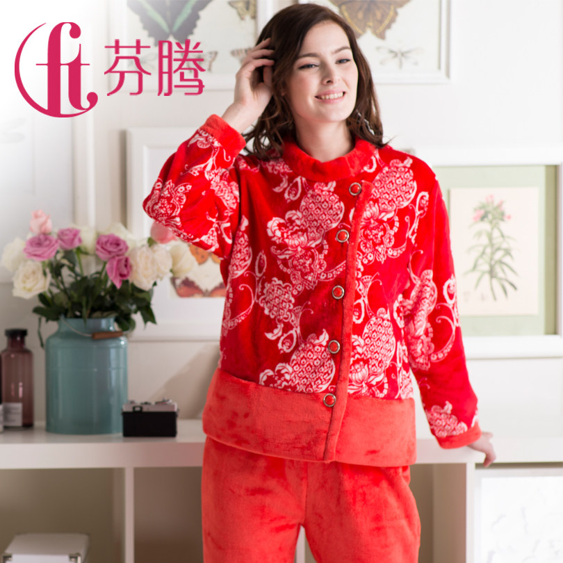 芬腾珊瑚绒特价睡衣2012冬季新款女式大红中国风家居服套装Z8847