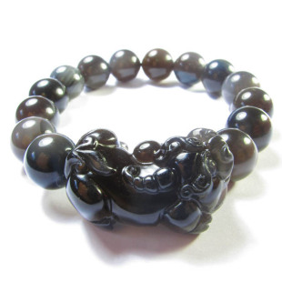  玉婕 开光天然彩虹眼冰种黑曜石貔貅手链 辟邪招财转运 男女手链