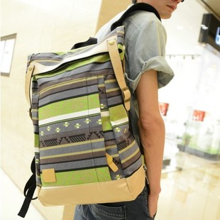  韩版新款潮男大容量条纹撞色立体男式双肩包学院风英伦旅行包