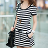 韩国斑马条纹休闲短袖连衣裙，夏季女大码黑白，纯棉修身显瘦版学生潮