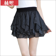 林熙 夏季新款 百褶荷叶边雪纺短裙 蓬蓬裙圆<span class=H>波点</span> 松紧腰半身裙子