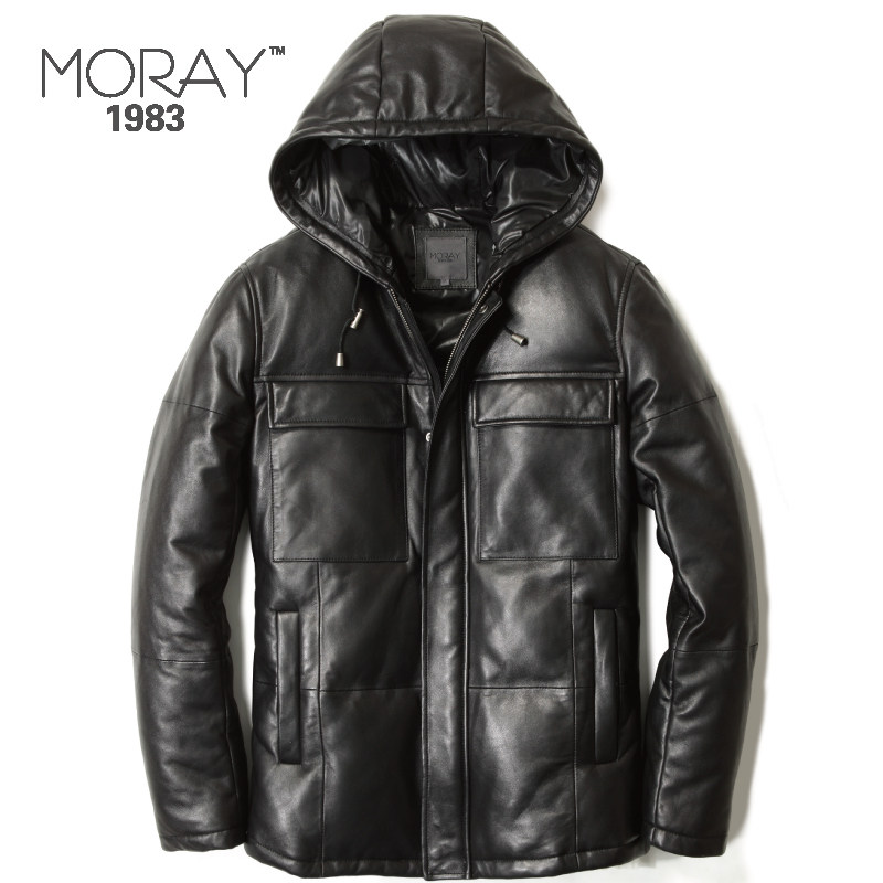 【起源】MORAY 98%鸭绒 绵羊皮连帽中长款羽绒皮衣 MR622