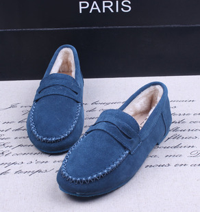  秋冬新款保暖加毛毛女鞋真皮平跟平底加绒牛筋底女式单鞋豆豆鞋女