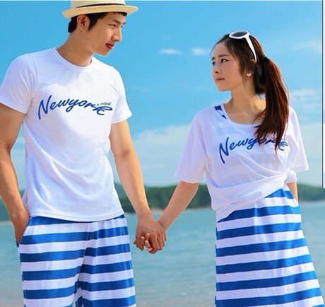 夏季情侣装 夏装字母条纹海边沙滩裤背心裙T恤