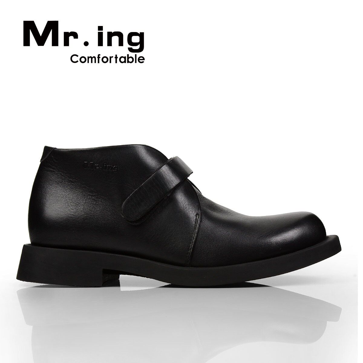 Mr.ing 全牛皮 春款舒适休闲个性魔术贴外增高短靴 [H040]荐