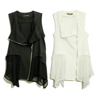 ACM Hong Kong female irregular elegant chiffon chiffon waistcoat/sleeveless black and white v neck vest jacket 510