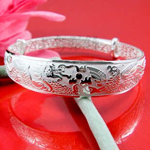 正品999千足银纯银手镯银饰品龙凤镯子老人祝