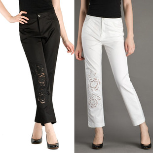  百斯盾品质新款韩版女裤正品手工绣花OL通勤中高腰九分裤子