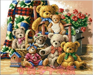 小房子十字绣dmc手工套件，-玩具熊，鲜艳摆件温馨小熊一家