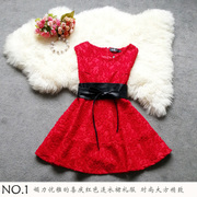 红色韩版无袖蕾丝连衣裙子女春秋季a字裙洋装日常可穿小礼服8005