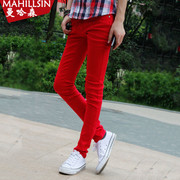 男士牛仔裤潮流春季大红色，修身韩版休闲棉弹小脚，铅笔裤长裤子