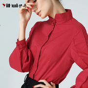 红色衬衫女装衬衣大码立领职业，灯笼长袖显瘦上衣，棉设计感春装