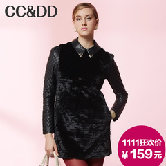 【爆】CCDD2014冬专柜正品新款女装时尚PU皮袖拼接皮草羊毛连衣裙