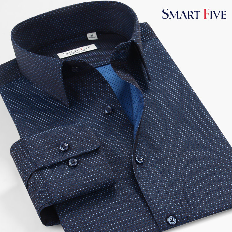 SmartFive 春装纯棉时尚商务波点印花衬衫男长袖韩版修身衬衣方领