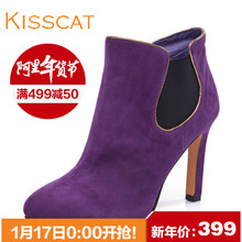 KISSCAT接吻猫 秋新品优雅细跟女鞋羊绒时尚侧拉链百搭女短靴图片