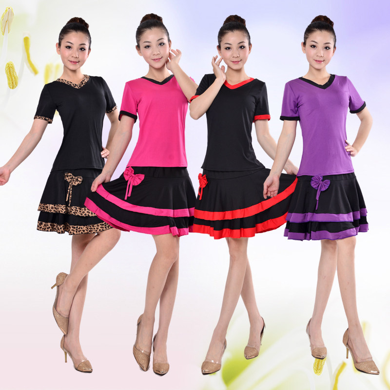 2015广场舞服装夏新款中老年套装短裙短袖V领上衣大码拉丁舞蹈服