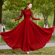 2024春季长裙女装荷叶，边立领蕾丝雪纺，大摆长袖红色连衣裙显瘦