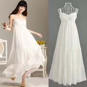 2024白色仙女装蕾丝，飘逸吊带波西米亚，雪纺度假沙滩连衣裙长裙
