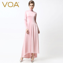VOA 皮粉高领后中隐拉长袖松紧腰育克褶针织真丝及地连衣裙A5335图片