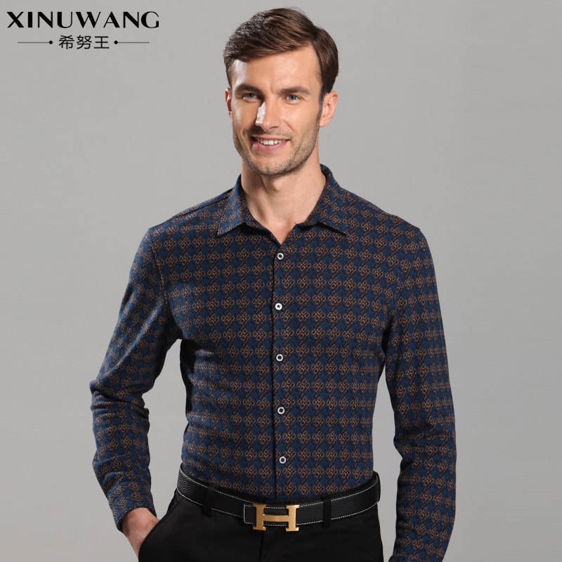 希努王2014秋新款中年男士长袖衬衫 高档丝光羊毛休闲印花衬衫